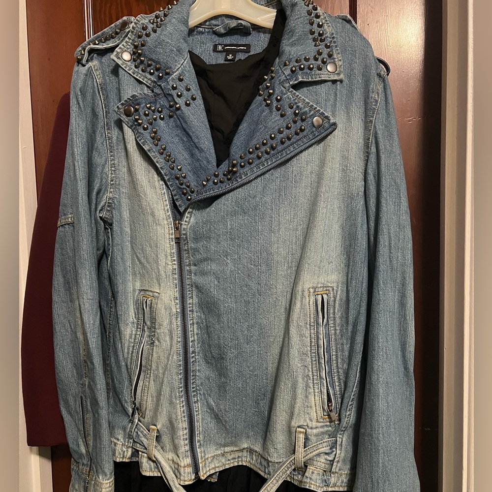 INC International Concepts Light Blue Studded Denim Moto Jacket